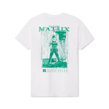 White t-shirt with green 'The Matrix' graphic design on a white background featuring Trinity from the movie The Matrix. Adult Mens Tee. Adult Women's tee shirt Academy Museum Exclusive Design with Brain Dead Studios Los Angeles